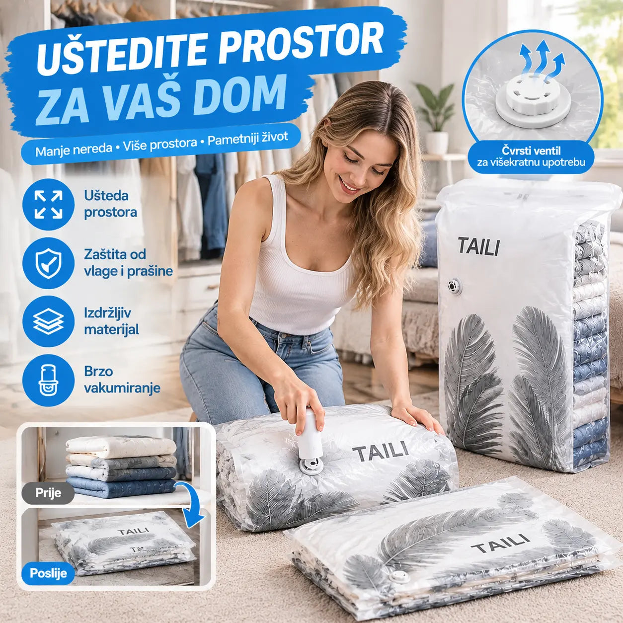 【56*80 cm】【Set od 5 dijelova】 Vakuumske vrećice za pohranu velikog kapaciteta koje se mogu stisnuti: Nije potrebna zračna pumpa, nepropusne su, idealne za uštedu prostora u koferu i domu