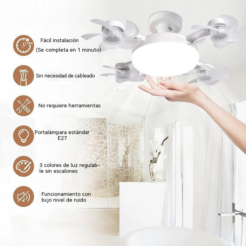 【50% de descuento en pedidos realizados hoy】Ventilador dron de cuatro aspas, bombilla E27 y mando a distancia