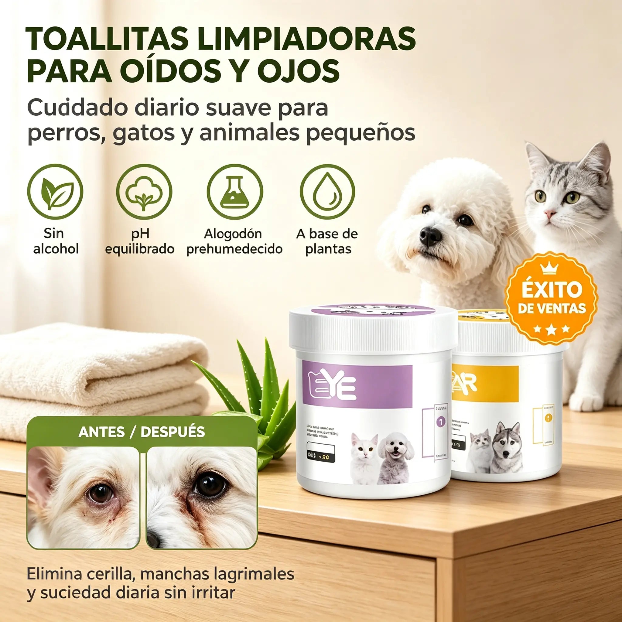 ✨️【200 toallitas para ojos + 200 toallitas para oídos】🐈🐕¡Mantener a tu amigo peludo limpio es importante! Toallitas limpiadoras naturales a base de plantas para ojos y oídos de mascotas.