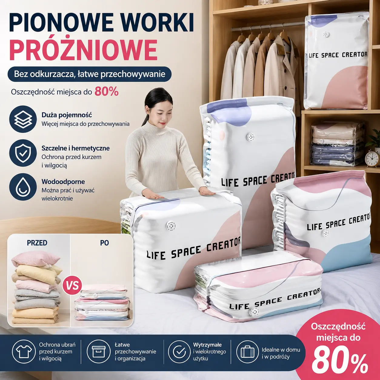 【Zestaw 5 sztuk】 Duży, kompresyjny worek próżniowy: Nie wymaga pompki, jest szczelny i idealny do oszczędzania miejsca w walizkach oraz w domu ✈️