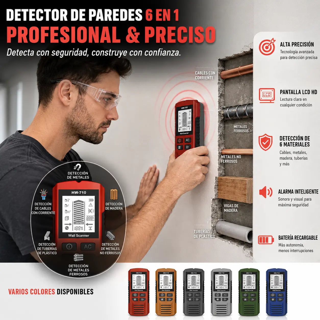 🔍Detector multifuncional de metal, madera y cables; localiza de forma segura y precisa tuberías y cables ocultos.