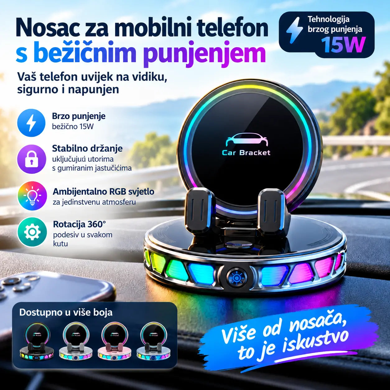 📱 RGB nosač za automobil s automatskim stezanjem i bežičnim punjenjem od 15 W