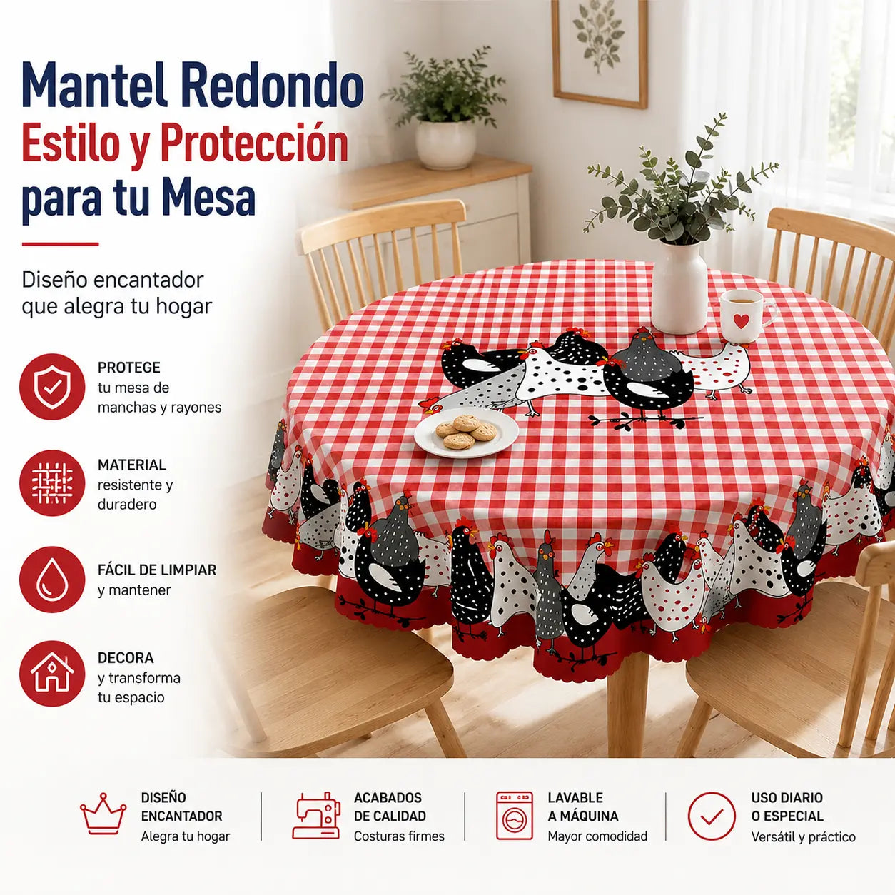 🐓 ¡50% DE DESCUENTO POR TIEMPO LIMITADO! ❤️ Mantel de gallo estilo granja: cubremesa con estampado de gallinas a cuadros rojos, resistente a derrames y con borde de encaje festoneado ✨