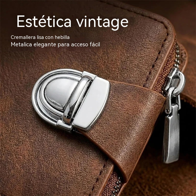 🔥✨Cartera de piel auténtica para hombre: diseño retro con cremallera, compartimento para tarjetas y protección RFID.