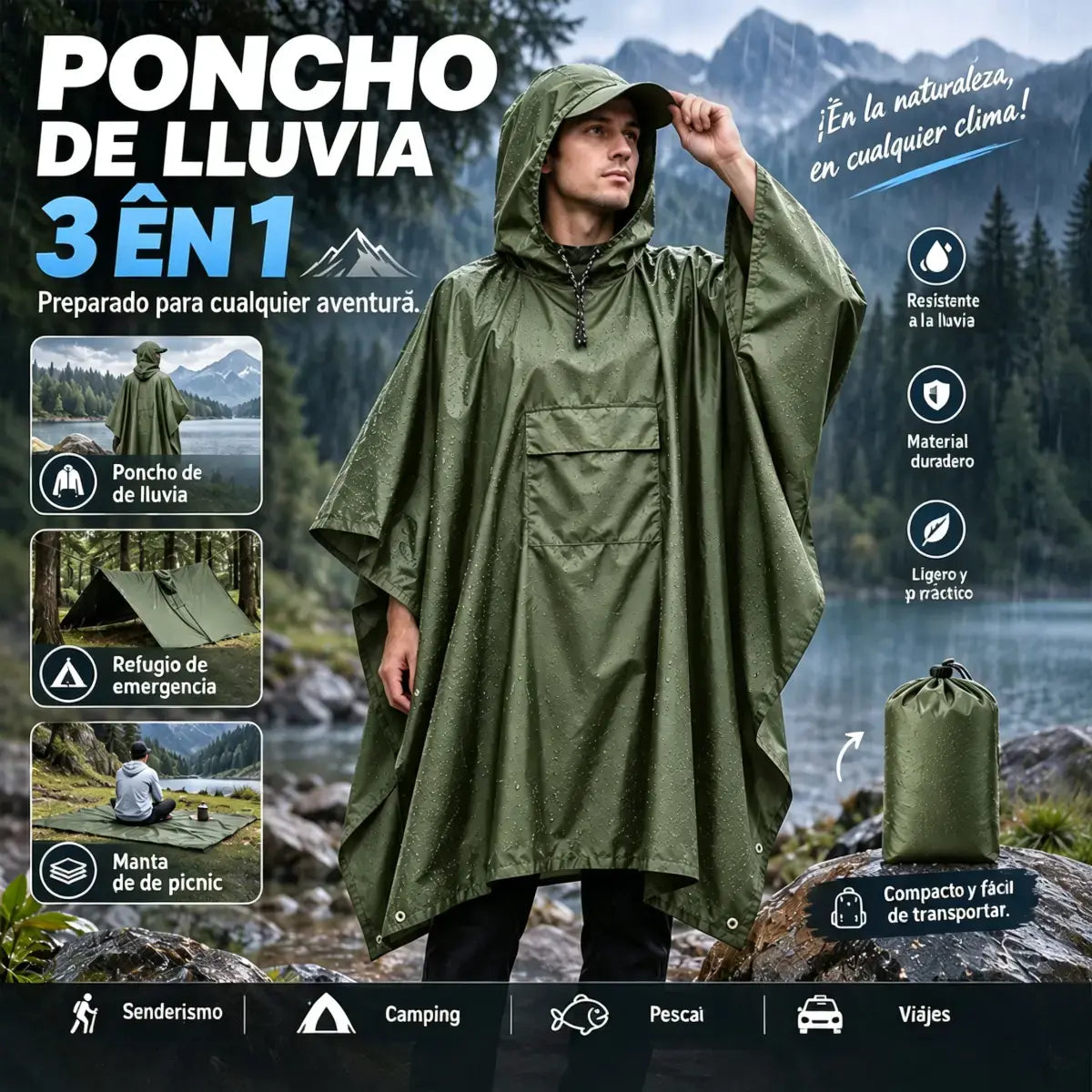 🏕️ Poncho de Lluvia Multifunción 3 en 1 | Capa Impermeable + Tienda de Campaña + Manta de Suelo | Para Senderismo y Camping 🌧️