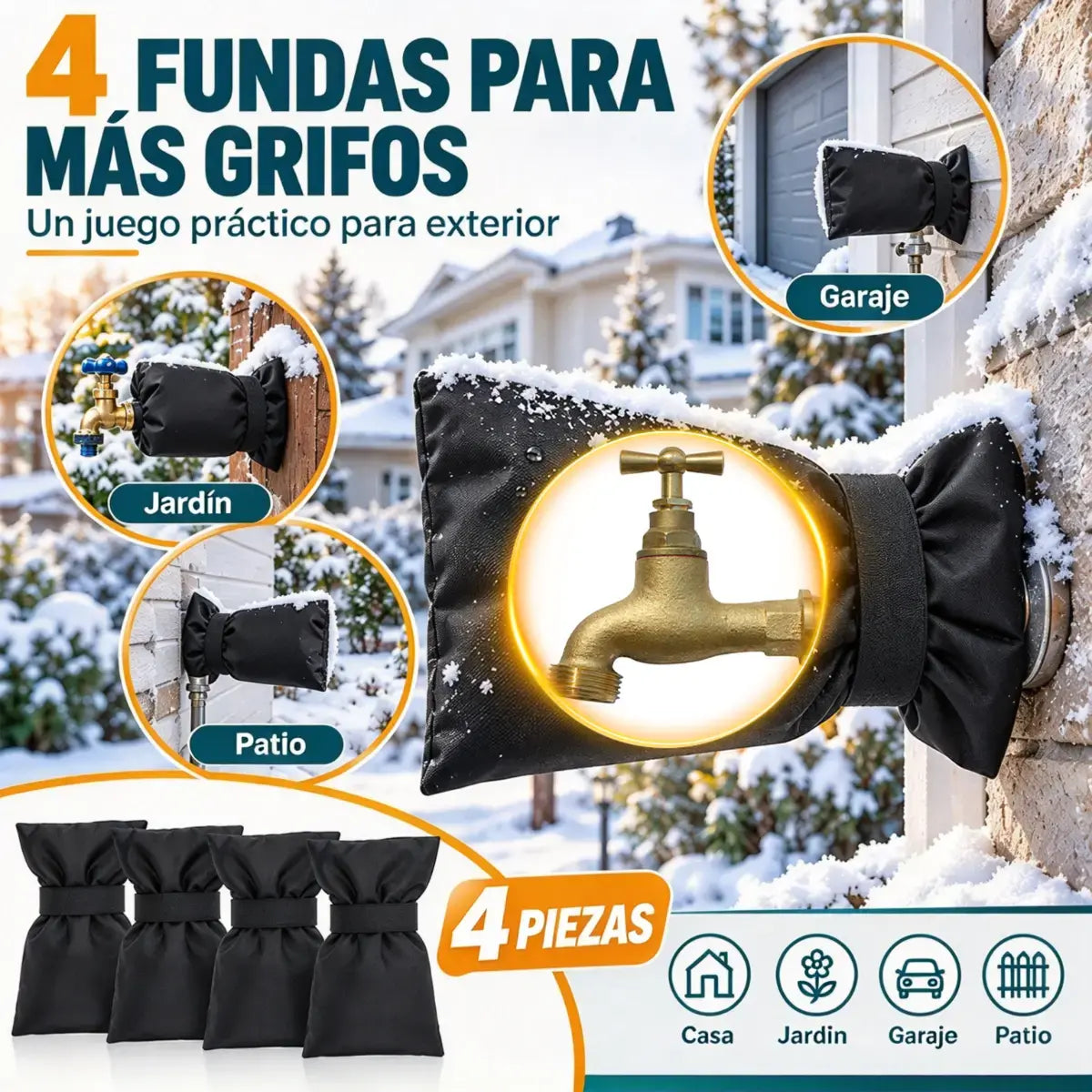 🧊【4 piezas】🚰 Funda Anticongelante para Grifos de Exterior | Aislamiento Térmico Grueso y Impermeable | Protección contra Heladas en Jardín y Terraza ❄️