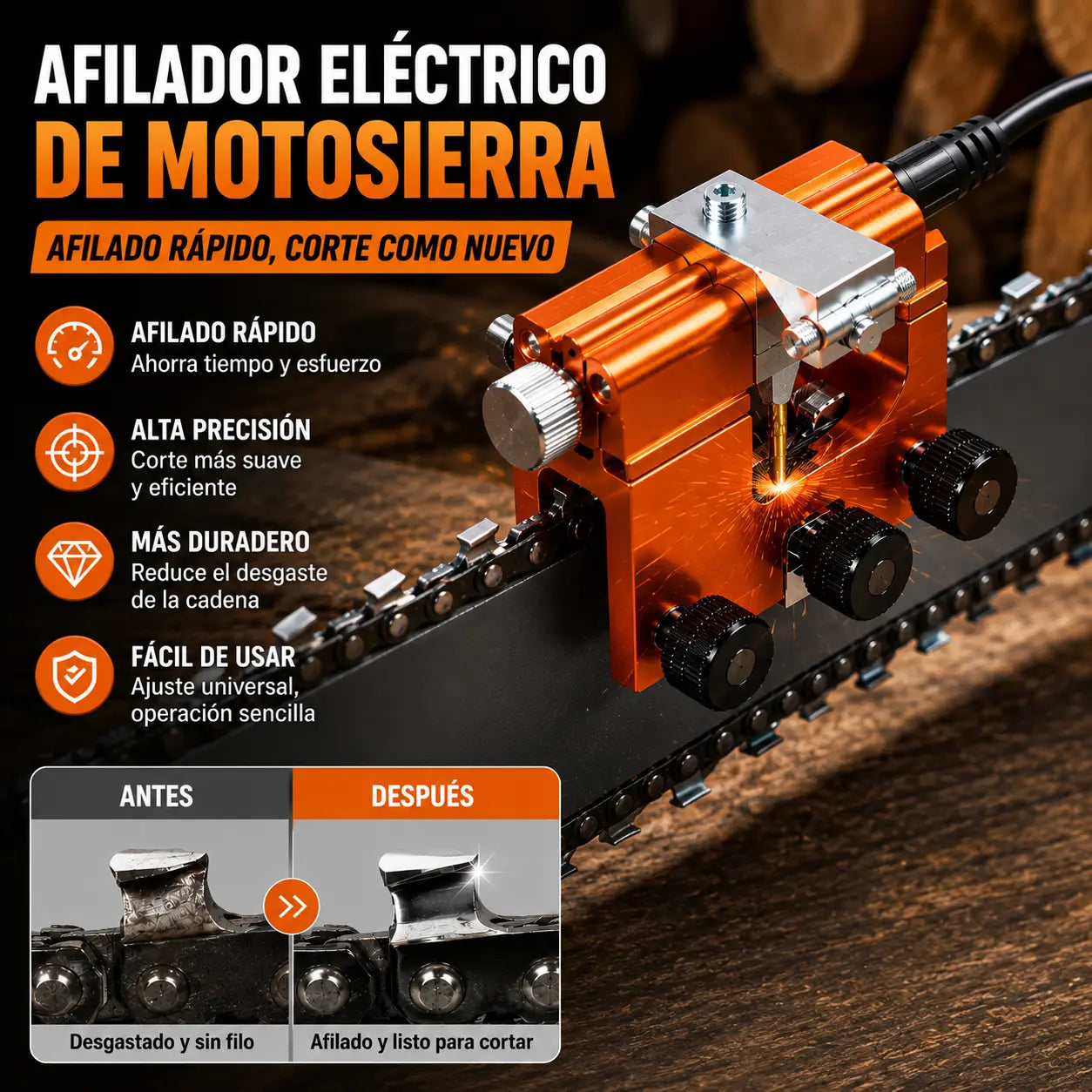 💥【50 % de descuento】🔥🧰⚡ Afilador eléctrico de motosierra con 3 cabezales de diamante — rápido y preciso