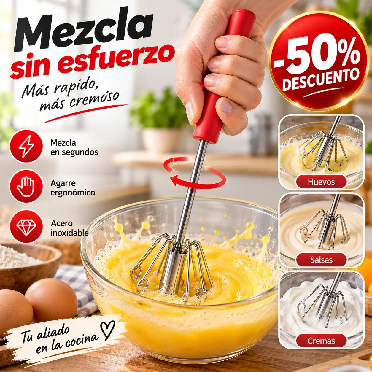 🥳（2 piezas）🥚💪 ¡50% de descuento! Batidor de huevos manual semiautomático: presiona y gira, sin electricidad. Bate huevos y nata en segundos! ✨🧁