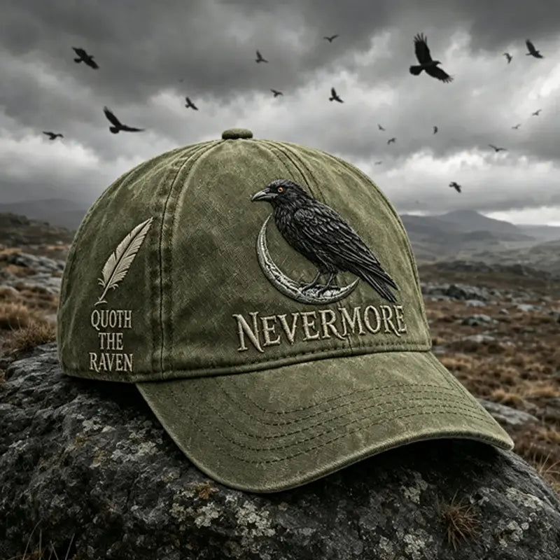 🐦‍⬛🧢 Gorra vintage Nevermore Raven | Sombrero gótico para amantes de las aves(Circunferencia de la cabeza aproximada: 56-60 cm)