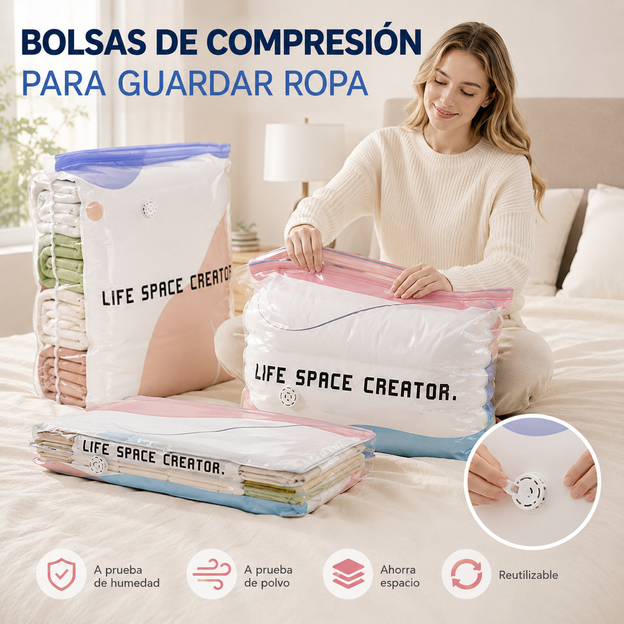 👕📦【5 piezas】Bolsas de compresión para guardar ropa, no requieren vacío, diseño reforzado.