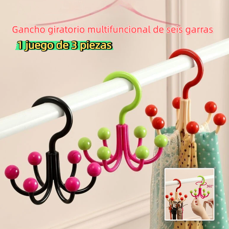 🔥 【1 juego de 3 piezas】Gancho giratorio multifuncional de seis garras, práctico y que ahorra espacio.