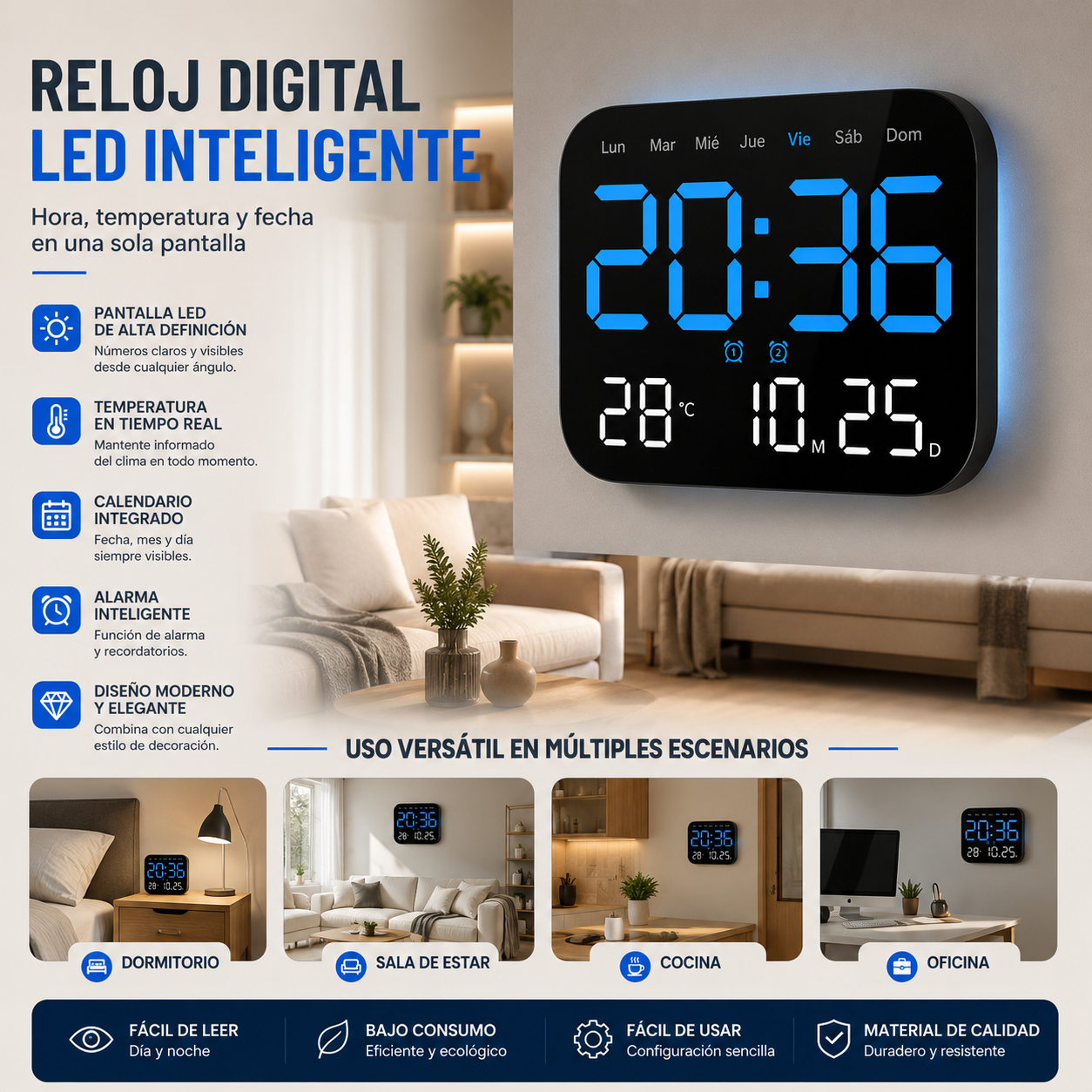 🕰️ ¡Más de 50.000 unidades vendidas! 🛏️ Reloj digital para el hogar y la oficina: ¡despierte suavemente y olvídese de las alarmas molestas! Brillo ajustable, funcionamiento silencioso por la noche. 🌙