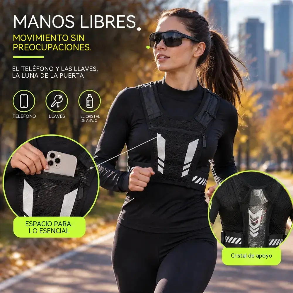 🏃 Chaleco deportivo y para correr con bolsillo en el pecho · Bolsillo para el teléfono con cremallera · Soporte trasero para botella de agua · Detalles reflectantes para la noche · Malla transpirable y correas ajustables.