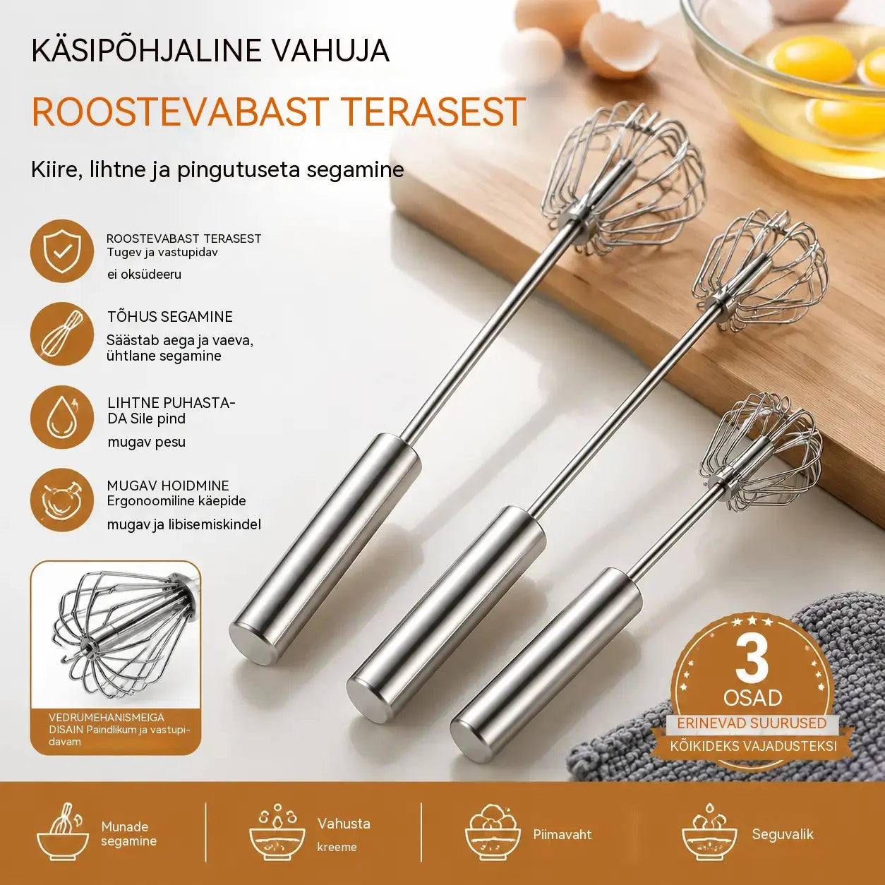 【3-osaline komplekt】Roostevabast terasest poolautomaatne munavahustaja