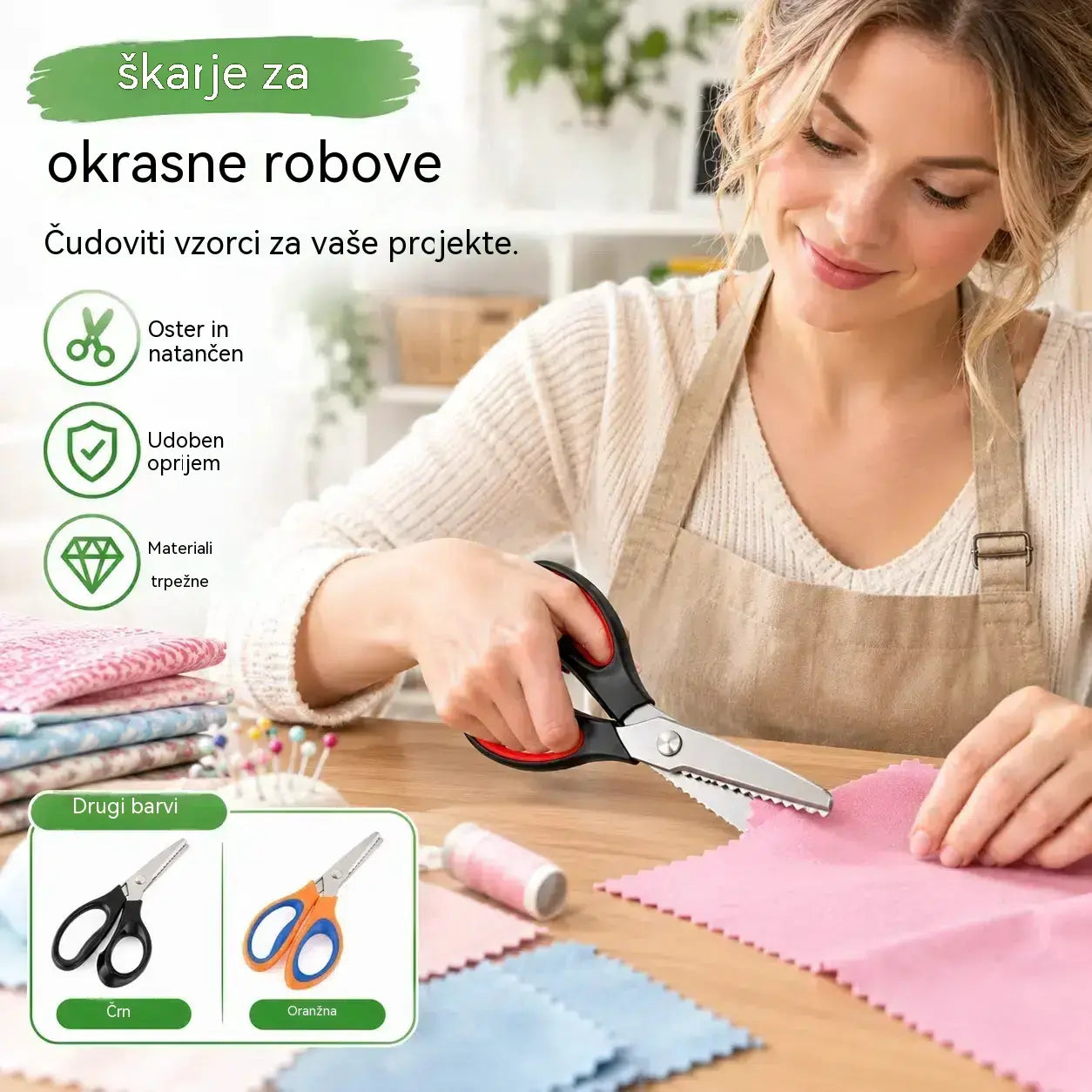 ✂️Profesionalne nazobčane škarje, primerne za šivanje, ustvarjanje in vsakdanja domača opravila.
