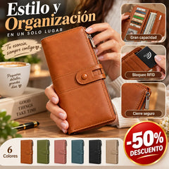 🔥50% de descuento💼 Cartera retro multifuncional de piel encerada para mujer, con diseño de doble cremallera y función antirrobo RFID.
