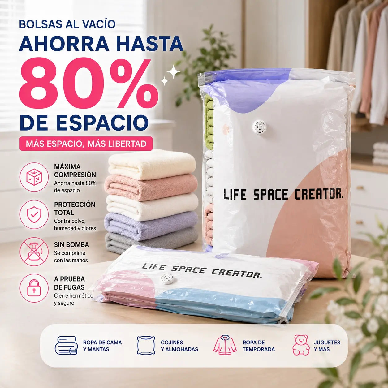🧳【Juego de 5 piezas】💨 Bolsa de almacenamiento al vacío grande y compresible: no requiere bomba, es a prueba de fugas e ideal para ahorrar espacio en maletas y en casa ✈️