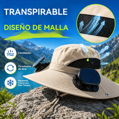 👒Sombrero para el sol con energía solar, doble ventilador, ala ancha transpirable y diseño unisex.