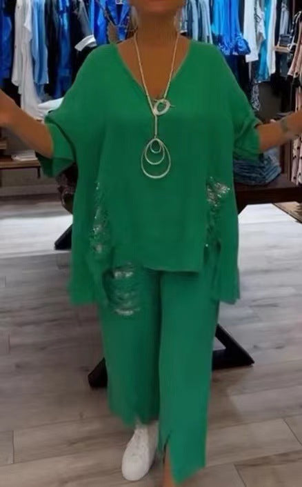 【Pantalones + Top】2025 Traje de dos piezas de lino y algodón con cuello en V para mujer
