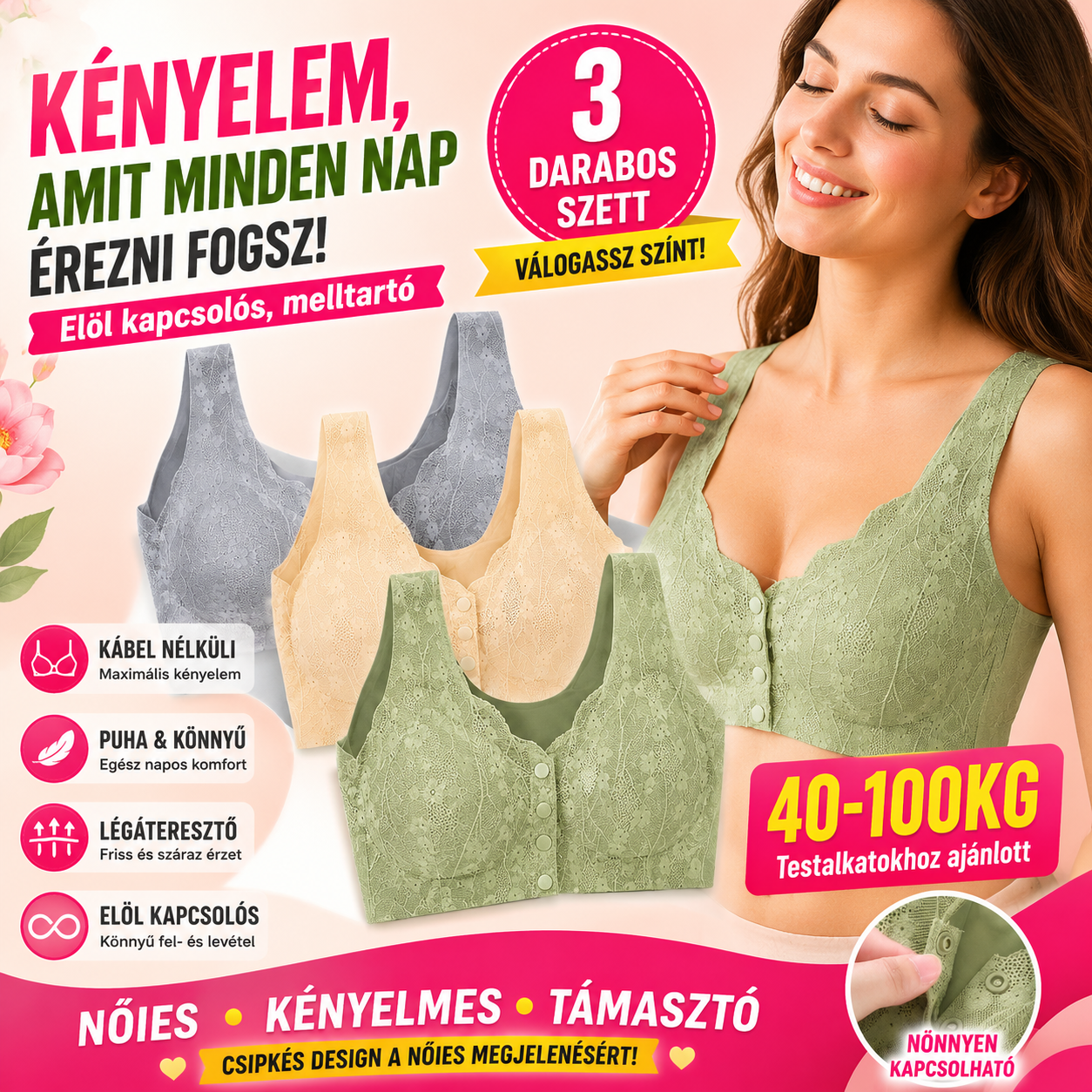 【3 darab】【40-100KG】Női vezeték nélküli csipke melltartó elülső rögzítéssel