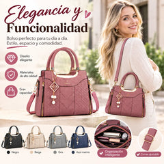 Bolso bandolera para mujer con costuras en forma de V, herrajes dorados, múltiples compartimentos y asa superior.