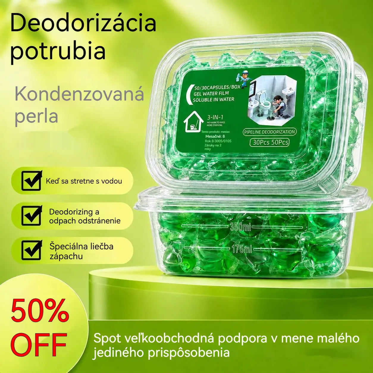 2 csomag (100 tabletta) 👍Vízben oldódó kapszulák a lefolyók szagainak megszüntetésére - tökéletes megoldás a szagok terjedésének megakadályozására a fürdőszobákban és a konyhákban.