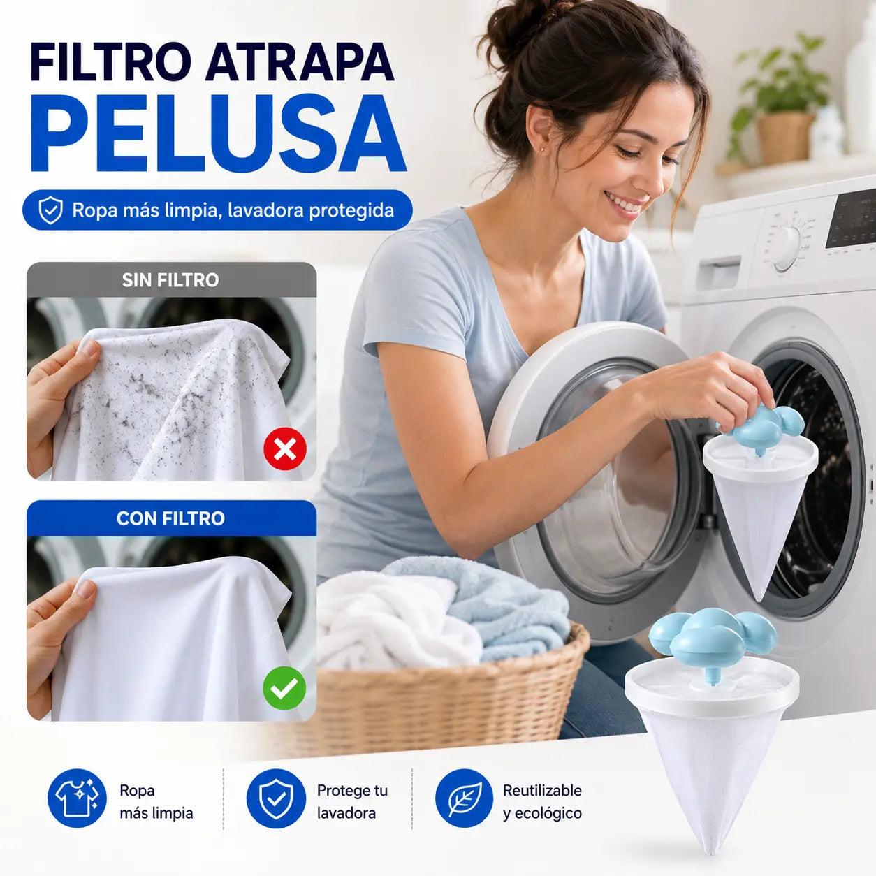 【6/12 piezas】Filtro Flotante para Lavadora – Atrapa Pelusas, Cabellos y Pelos de Mascota en Cada Lavado