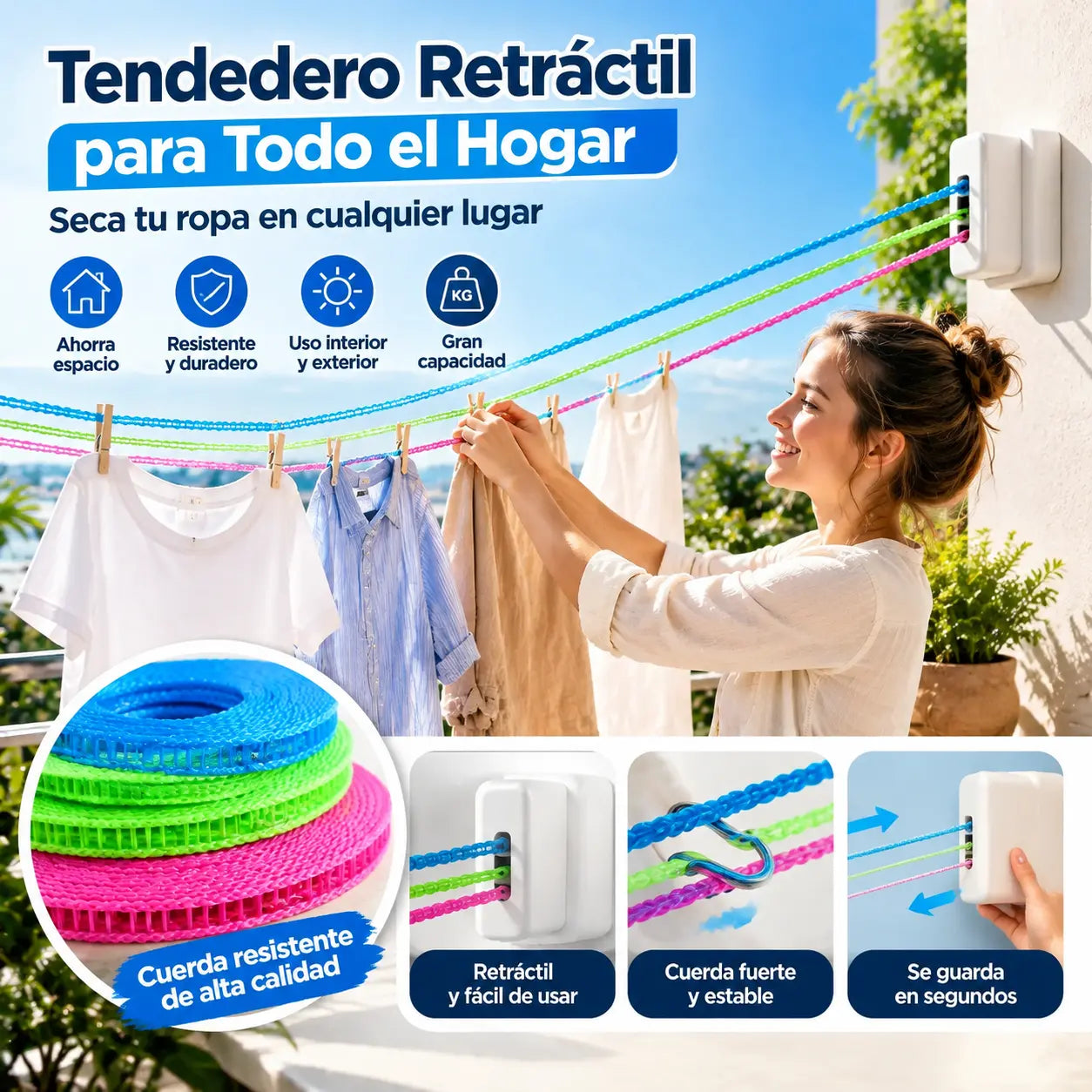 💥【Juego de 3 piezas, 10 metros de largo】🔗 Tendedero grueso, antideslizante y resistente al viento 👕 Evita que la ropa se vuele con el viento 🌬️