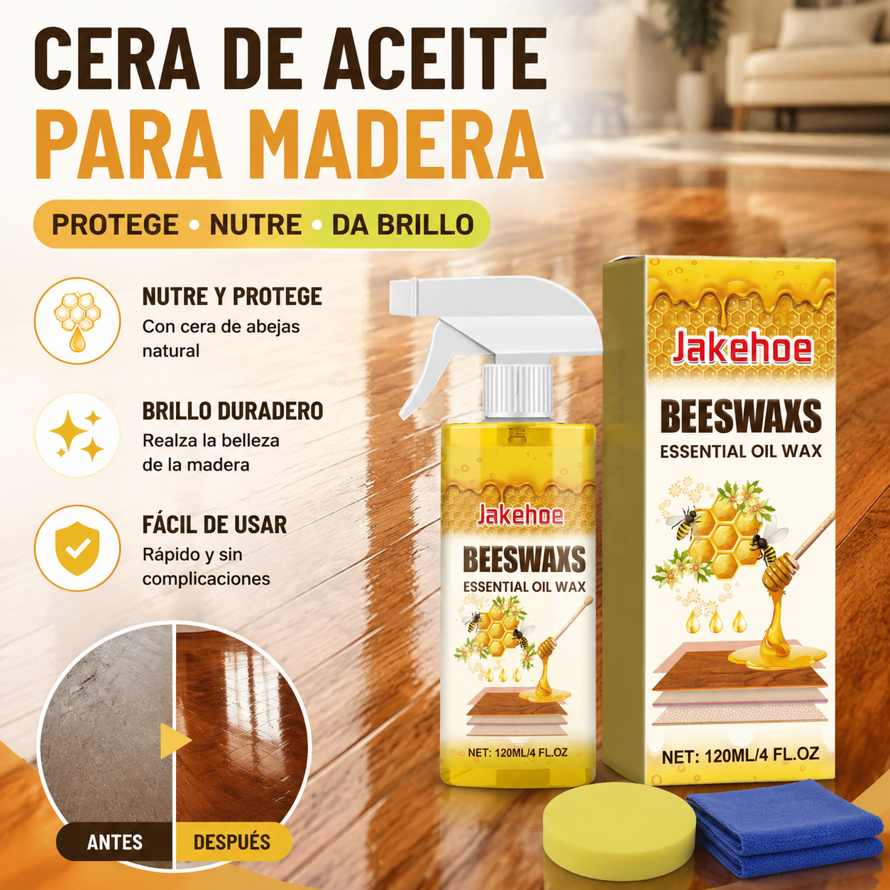 💥50% de descuento✨Spray abrillantador para madera con cera de abejas 120ML (incluye esponja + toalla), para el cuidado de muebles, prevención de grietas y protección del color.