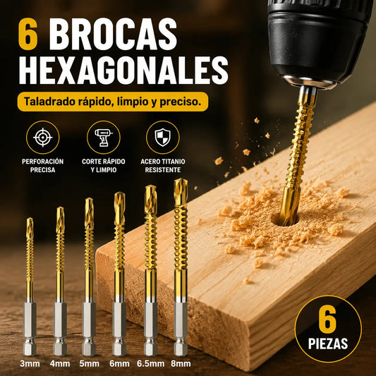 🛠️🔧(6 piezas)Broca helicoidal de acero de alta velocidad con revestimiento de titanio 2 en 1 – Vástago hexagonal, adecuada para taladrar y ranurar madera y metal🔩