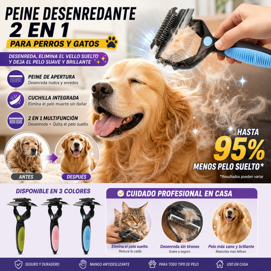 🐕🐈 Peine multifuncional 3 en 1 para desenredar el pelo de mascotas, peine para eliminar el pelo de perros y gatos.