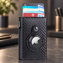 🖤 Tarjetero de Cuero Carbono con Clip Automático de Aluminio | Bloqueo RFID | Porta Tarjetas Minimalista y Moderno ✨