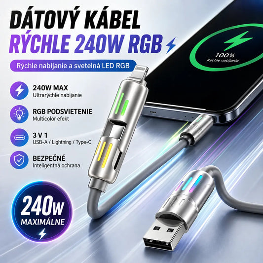 🔥 (2 metre dlhý) 4-v-1 PD 240W kábel – USB-C, Lightning a USB-A rýchle nabíjanie, hliník a silikón, synchronizácia dát ⚡📱