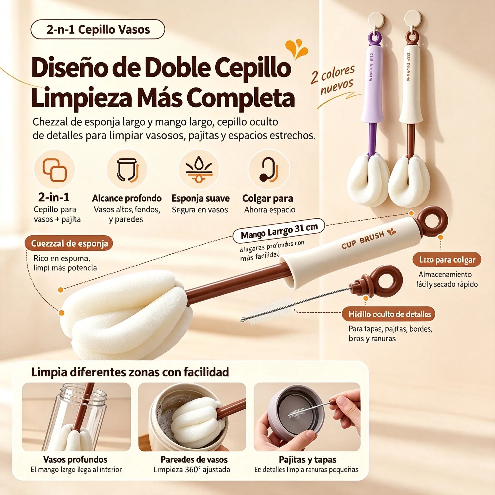 🧽✨ Cepillo 2 en 1 para Tazas y Botellas – Mango Largo con Cepillo de Precisión Integrado para Limpieza Profunda 🍶
