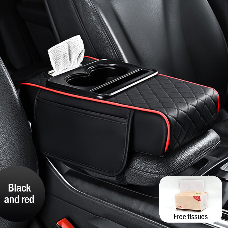 🔥🚗Almohadilla universal 4 en 1 para reposabrazos de coche de cuero ✅ Caja de pañuelos incorporada ✅ Portavasos