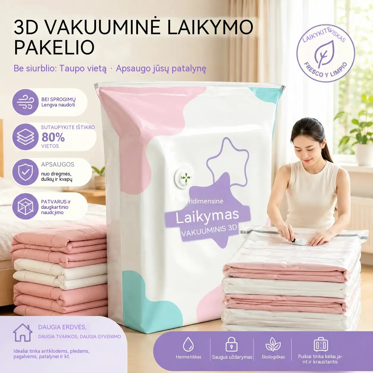 🧳【5 dalių rinkinys】💨 Didelis, suspaudžiamas vakuuminis daiktų laikymo maišas: nereikia siurblio, sandarus, puikiai tinka vietai taupyti lagaminuose ir namuose ✈️