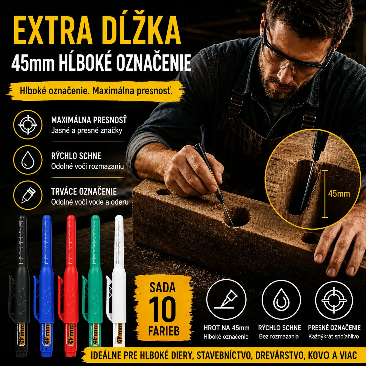 🖊️🔩【Sada 10】45 mm fixiek s dlhým hrotom na hlboké otvory – znovu naplniteľné a opakovane použiteľné – ideálne na stavebníctvo, obkladanie a tesárstvo 🏗️✨