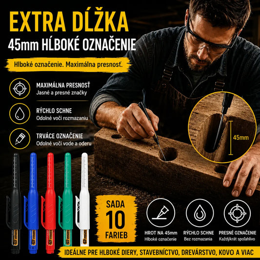 🖊️🔩【Sada 10】45 mm fixiek s dlhým hrotom na hlboké otvory – znovu naplniteľné a opakovane použiteľné – ideálne na stavebníctvo, obkladanie a tesárstvo 🏗️✨