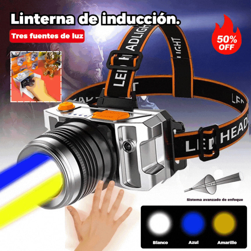 【🔥¡Último día con 50% de descuento!】💡Linterna LED frontal con sensor, batería de larga duración y zoom giratorio.