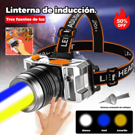 【🔥¡Último día con 50% de descuento!】💡Linterna LED frontal con sensor, batería de larga duración y zoom giratorio.