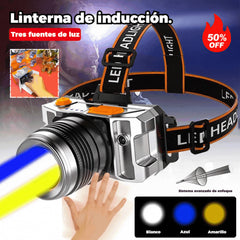 【🔥¡Último día con 50% de descuento!】💡Linterna LED frontal con sensor, batería de larga duración y zoom giratorio.