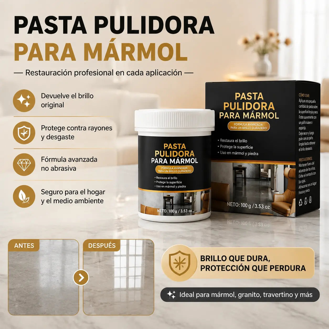 🥳 🔥¡Dos botellas por 27 euros!✨ Pasta pulidora de mármol – elimina arañazos, restaura el brillo y protege la superficie en solo 2 minutos 🛡️