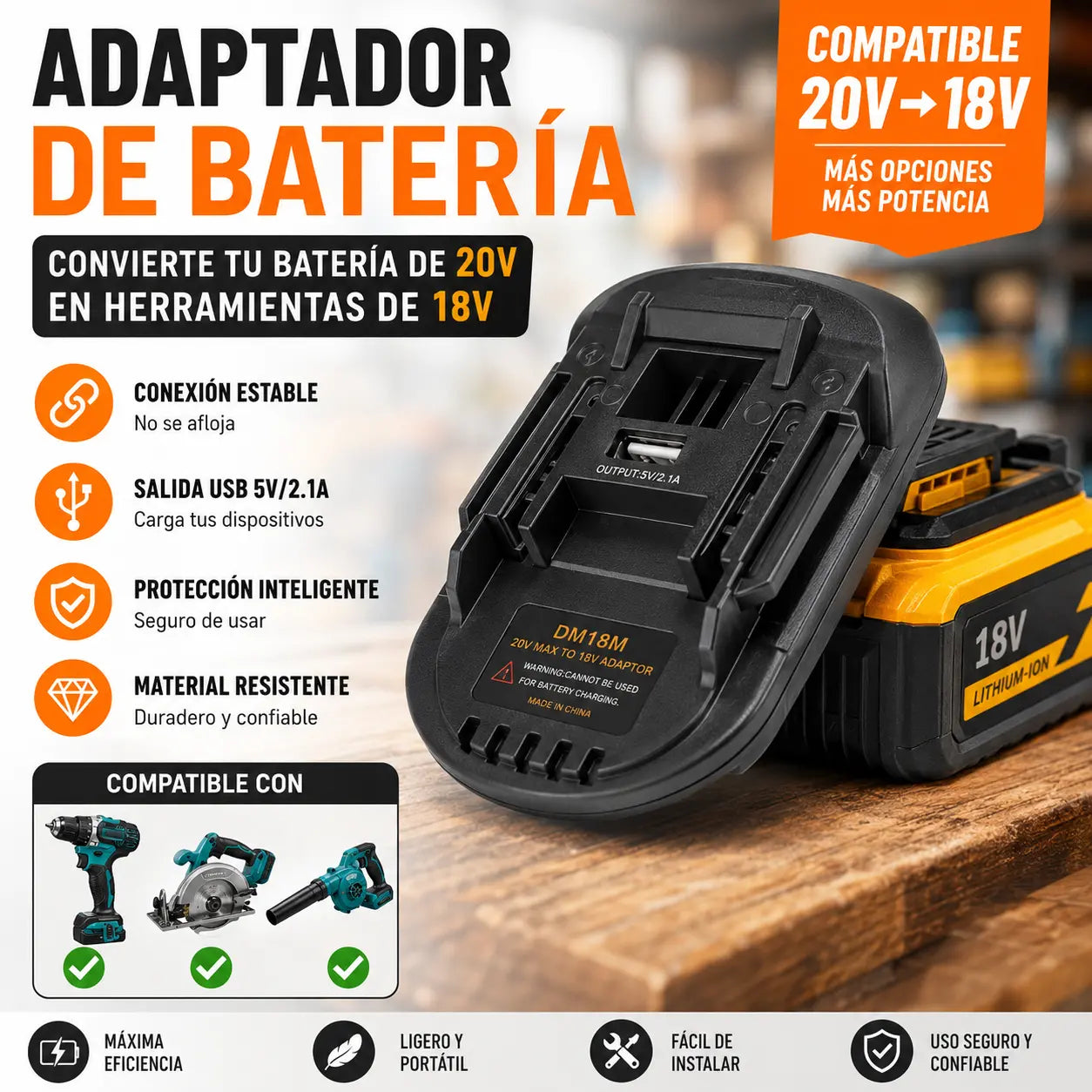 ⚡Adaptador de batería de litio para herramientas de batería de 18 V