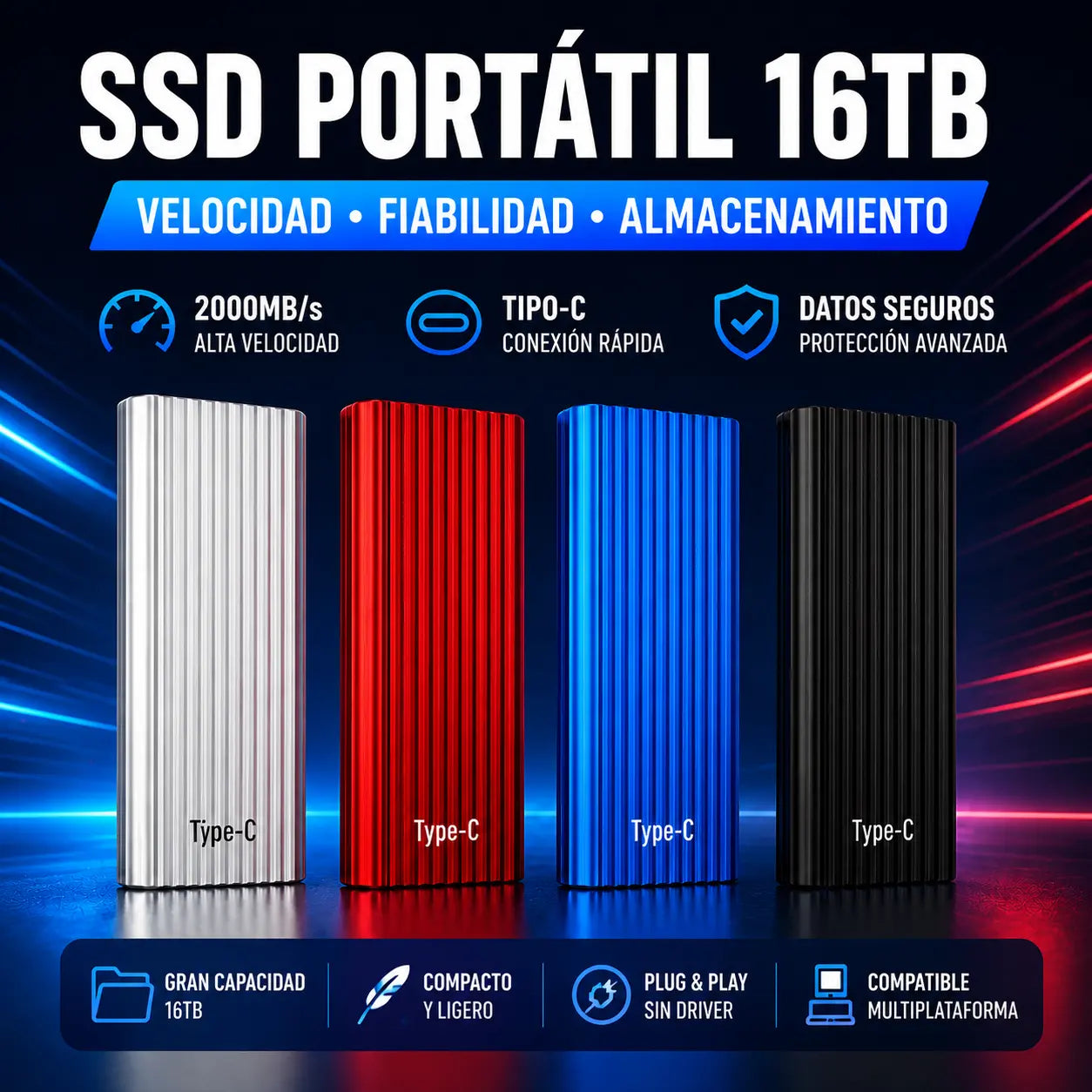 🏆Oferta por tiempo limitado⚡ 🔥Dispositivo de estado sólido mini portátil de alta capacidad de 16 TB con puerto USB Tipo-C