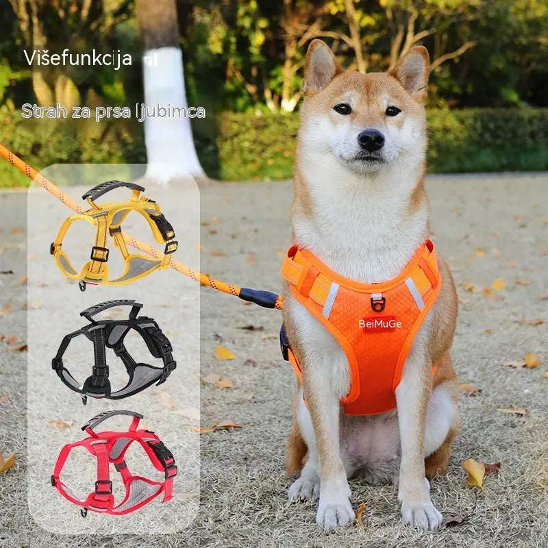 🐶【5–30 kg】Pojas za pse bez povlačenja, izrađen od prozračnog mrežastog materijala koji sprječava pregrijavanje, s reflektirajućim materijalom.