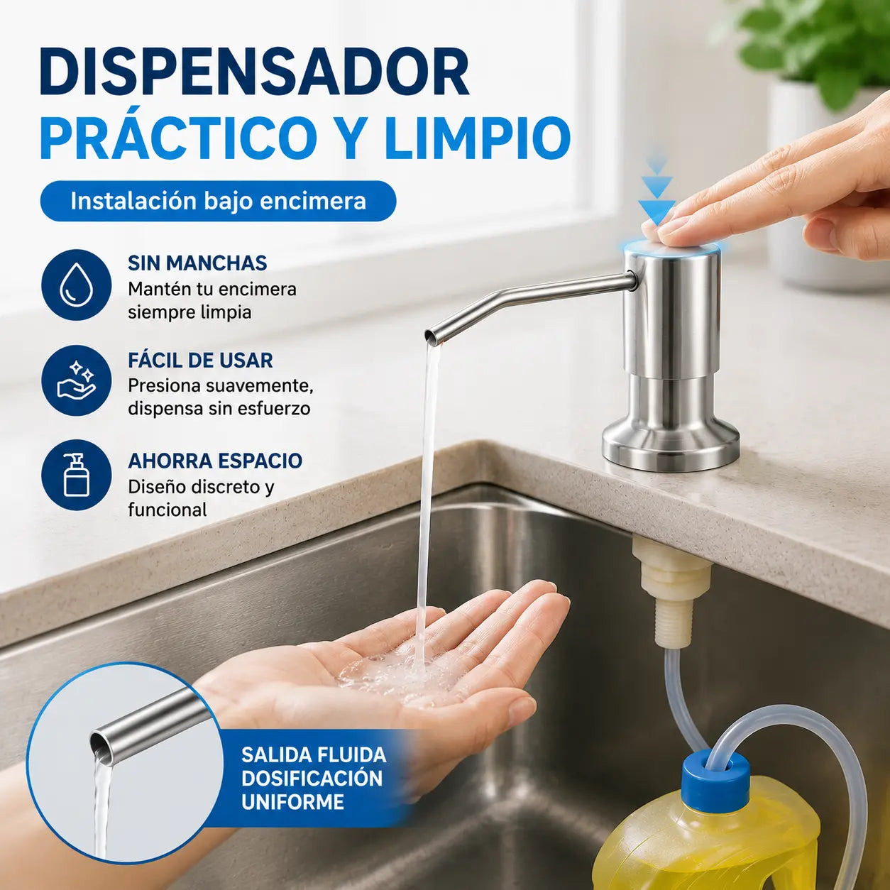 Dispensador de jabón para fregadero de cocina con tubo extensor y bomba de acero inoxidable integrada.