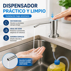 Dispensador de jabón para fregadero de cocina con tubo extensor y bomba de acero inoxidable integrada.