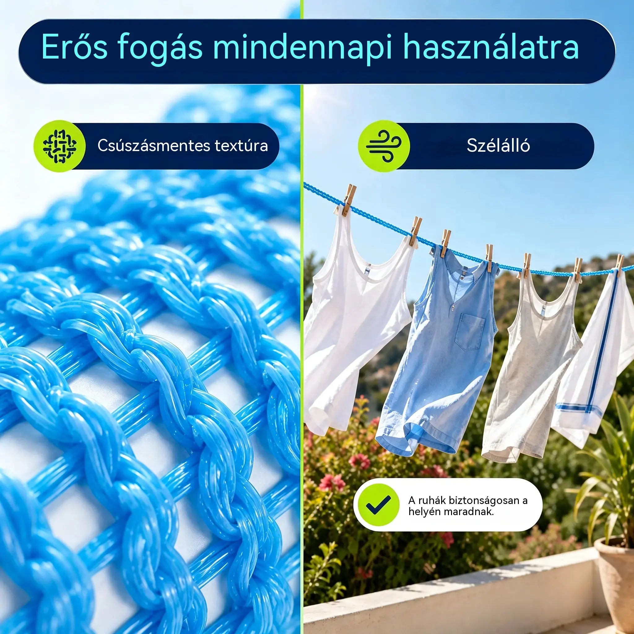 💥【3 darabos】🔗 Csúszásmentes és szélálló ruhaszárító kötél 👕 Megakadályozza a mosás felfordulását a szélben 🌬️