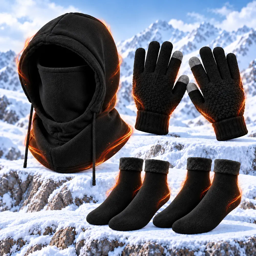 🧣❄️ Set de 4 Piezas de Invierno para Hombre y Mujer | Gorro, Guantes, Calcetines y Mascarilla de Cuello | Térmico, Afelpado y Cortavientos 🧤