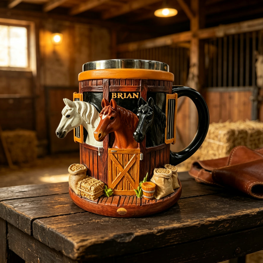 Kafijas krūze ar 3D zirgu staļļa dizainu – reljefs nerūsējošais tērauds – dāvana zirgu mīļotājiem